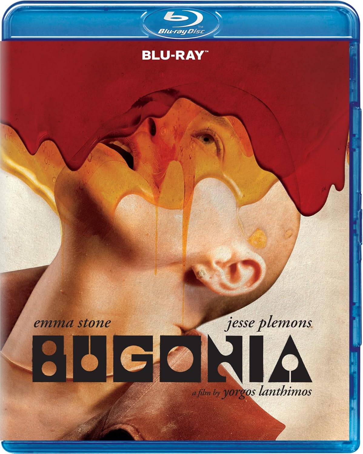 Bugonia Blu-ray cover with a distorted face and dripping yellow liquid.