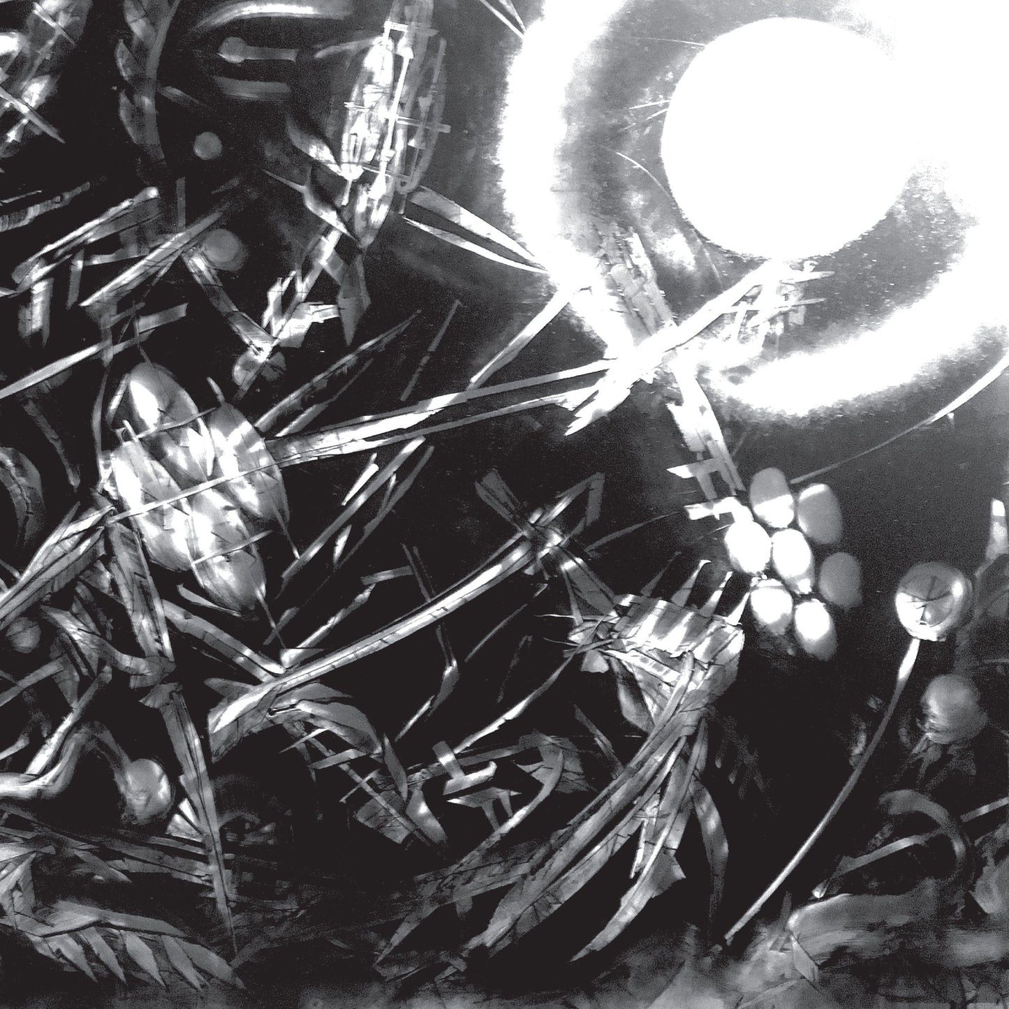 Black and white album cover with abstract insect and machine imagery.