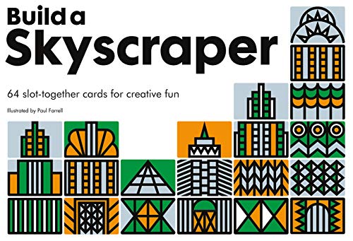 Box of building cards with geometric skyscraper designs in orange and green.