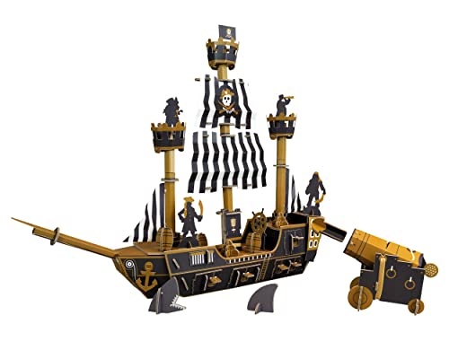 Cardboard pirate ship model with black sails and a detachable cannon.