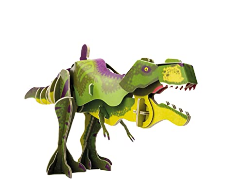 A green and purple cardboard Tyrannosaurus Rex model with a pull tab mechanism.