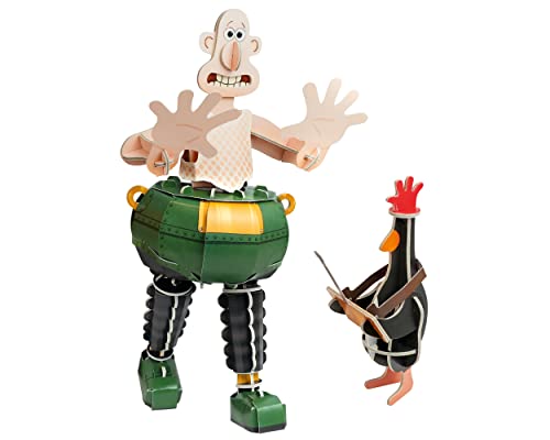 Wallace in techno trousers and Gromit the chicken, metal model kit.
