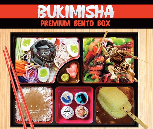 Bento box with compartments containing food and miniature figures.