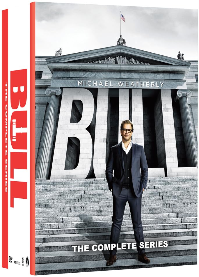 Michael Weatherly stands in front of a courthouse on the Bull Complete Series DVD cover.