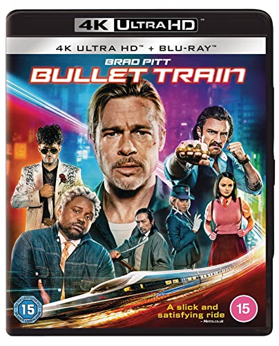 Bullet Train" Blu-ray cover featuring Brad Pitt and ensemble cast in action poses.