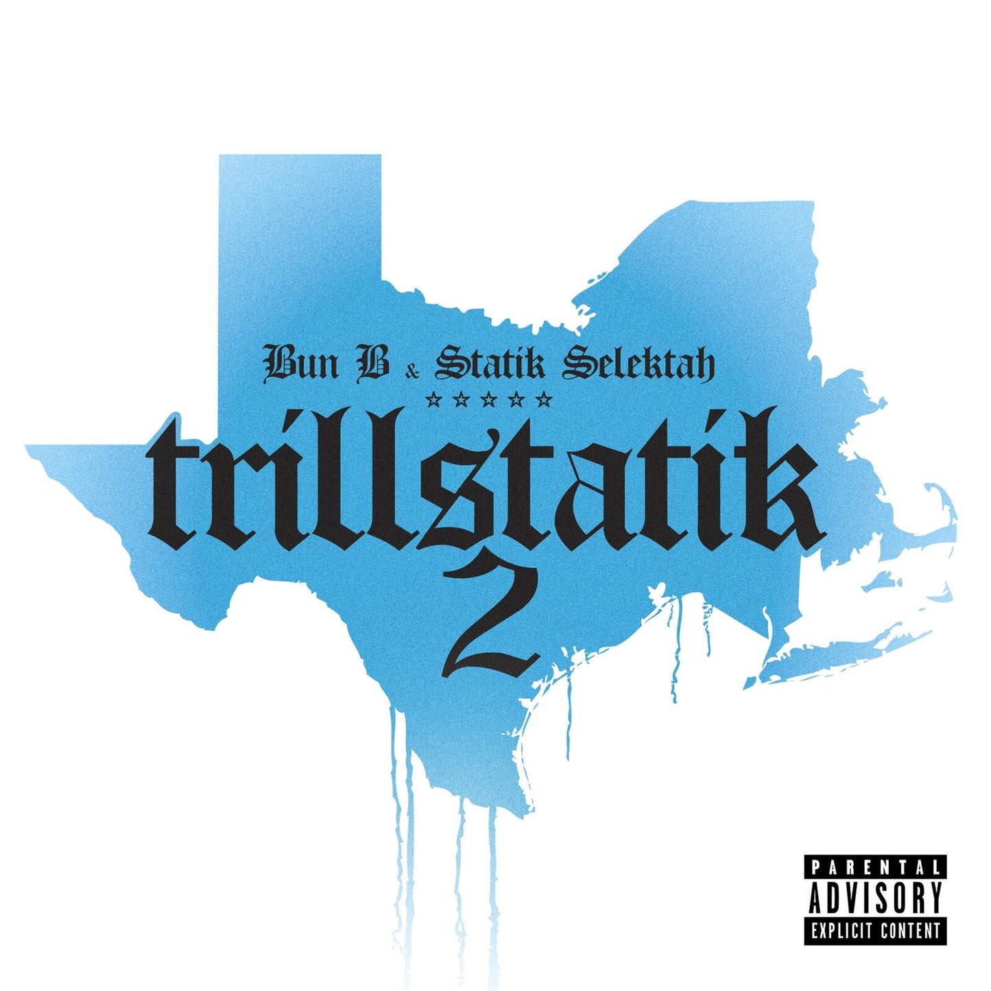 Album cover for Bun B & Statik Selektah’s “Trillstatik 2” featuring Texas and New York shapes.