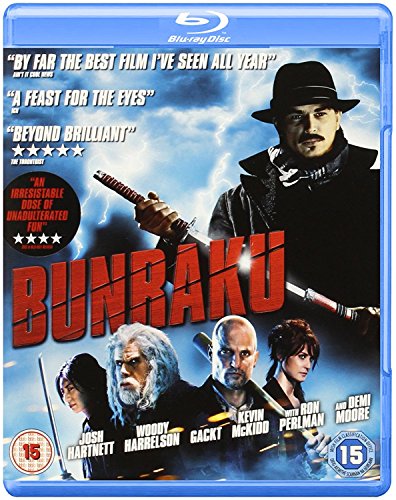 Bunraku" Blu-ray cover featuring film characters with swords against a stormy sky.