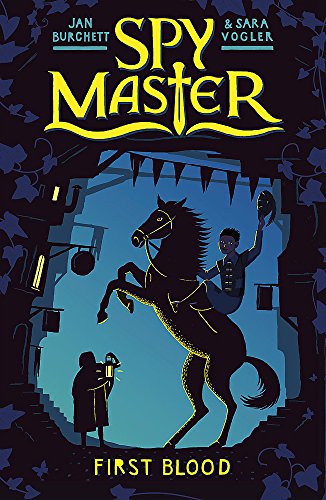 Book cover: Silhouette of a rider on a rearing horse, dark blue background.