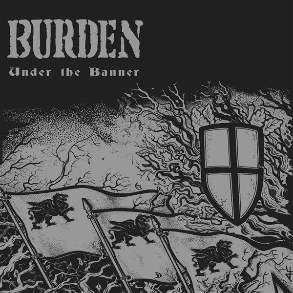Black and white album cover with text, shield, trees, and animal figures.