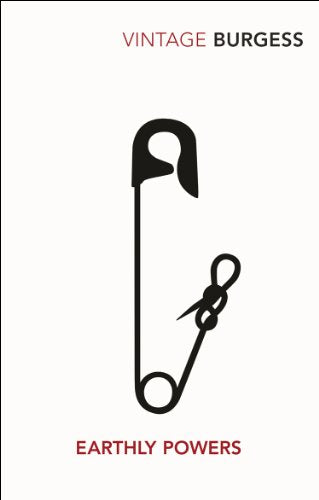 Book cover for Earthly Powers by Anthony Burgess featuring a black safety pin illustration.