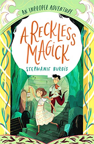 Book cover with two young people running down stone steps, holding a lantern.