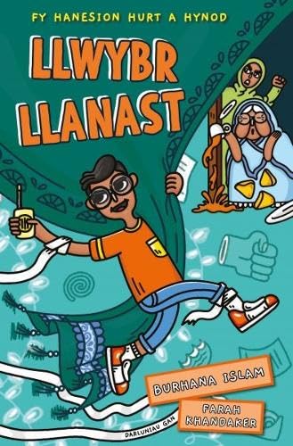 Book cover: “Llwybr Llanast” with illustrated children and colorful design.