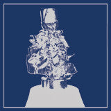 Blue and white illustration of a skeletal figure with floral adornments.