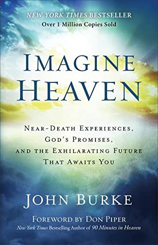 Book cover for Imagine Heaven by John Burke featuring a bright, cloudy sky background.