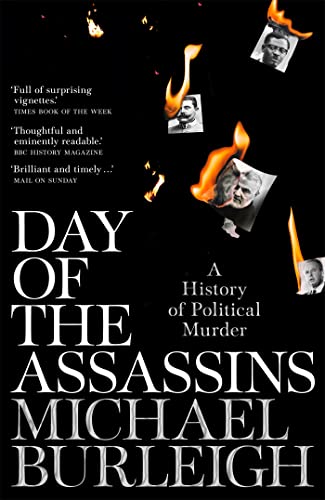 Book cover with black background, burning portraits, and title Day of the Assassins.