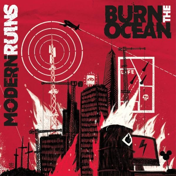 Red album cover with white illustrations of city ruins and aircraft.