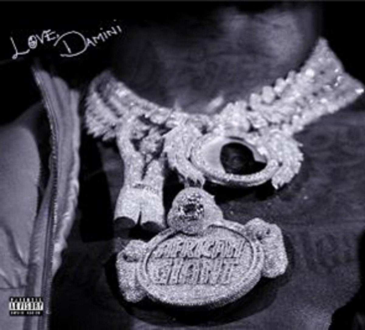 "Black and white album cover featuring a man wearing diamond-encrusted necklaces and 'Love, Damini' text."