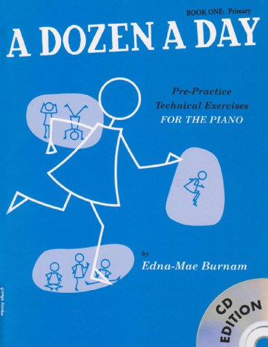 Blue piano exercise book cover with stick figures and a CD icon.
