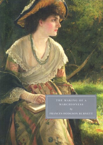 A painting of a woman in a hat and period dress reading outdoors.