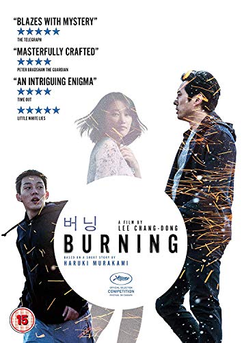 Burning Blu-ray cover featuring three people and fiery, abstract imagery.