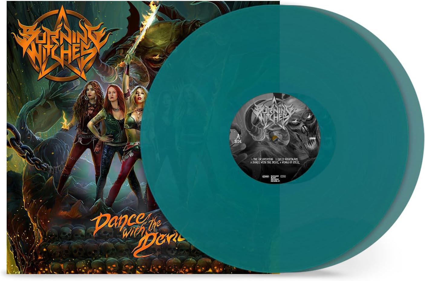 Burning Witches Dance With The Devil vinyl record with teal disc and album art.