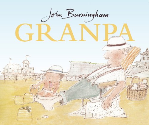 A grandfather and a young child playing on a beach in a watercolor illustration.