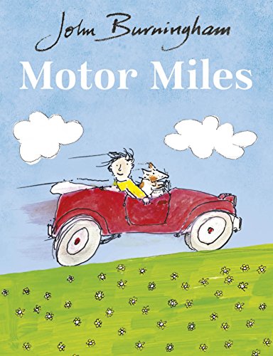 "Book cover with a boy and dog driving a red car on a green hill."