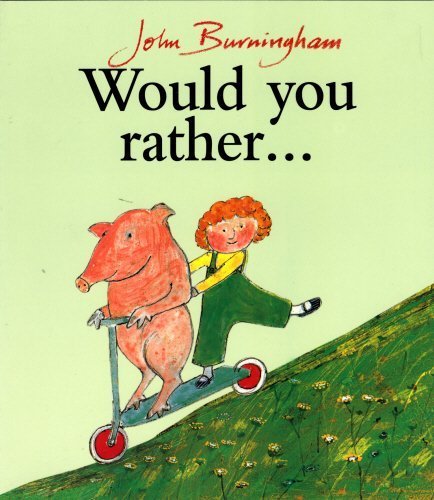 "Children's book cover featuring a girl riding a pig on a scooter, green background."