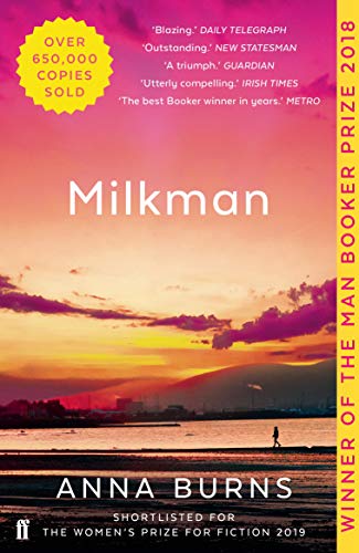 Book cover of Milkman by Anna Burns featuring a sunset over a coastal landscape.
