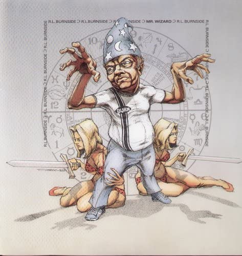 Illustration of a wizard figure with two women holding swords against a zodiac background.
