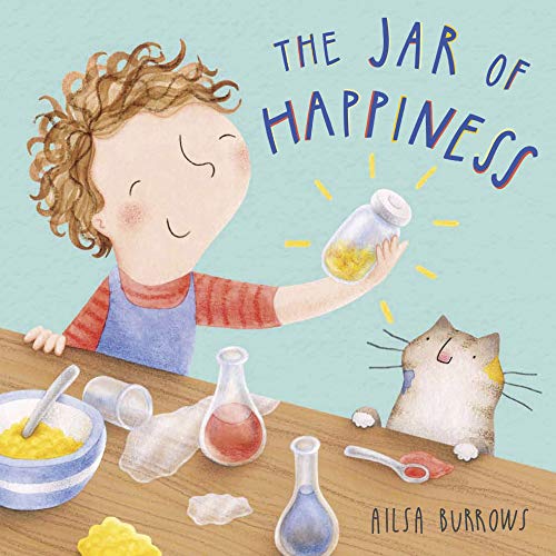 Child with curly hair pouring liquid into a jar, cat nearby.