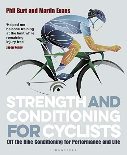 Book cover: cyclist illustration with title “Strength and Conditioning for Cyclists.”