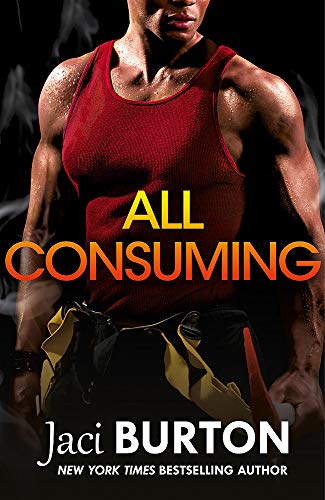 Muscular man in red tank top, book cover “All Consuming” by Jaci Burton.