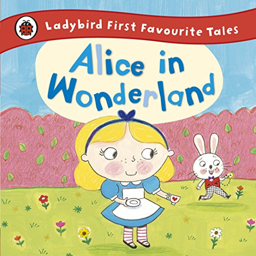Ladybird book cover: Alice with white rabbit in a garden.