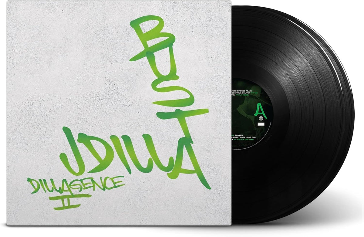 Vinyl record with white sleeve featuring green “Busta Rhymes & J Dilla” text.