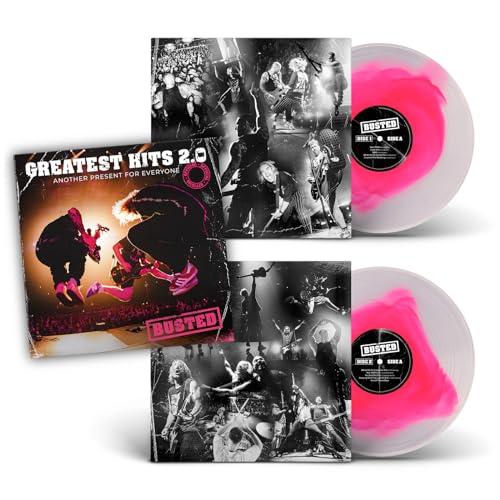 Busted Greatest Hits 2.0 vinyl album cover, inner sleeves, and two pink-swirled vinyl records.