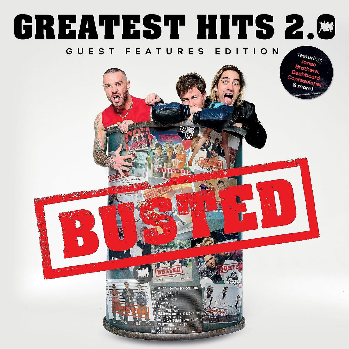 "Album cover with three men and 'BUSTED' stamp on a trash can."