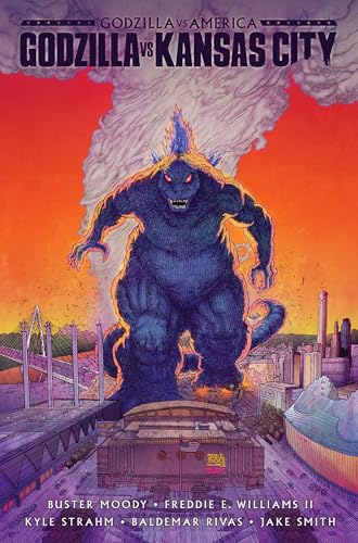 Godzilla looms over a destroyed Kansas City, comic book cover art.