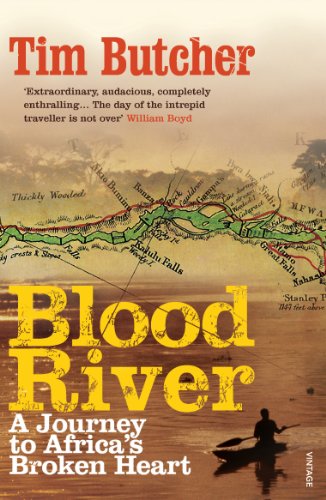 Book cover: "Blood River" with a map and silhouetted canoe scene.