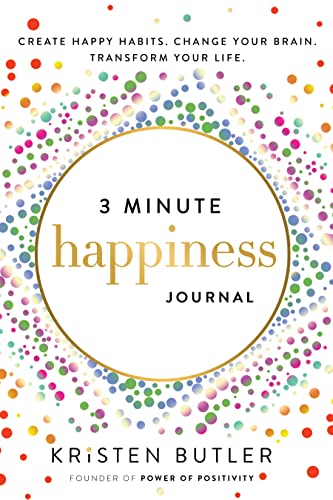 Journal cover with colorful dots and gold text reading "3 Minute Happiness Journal.