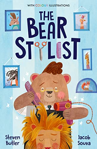 A bear gives a lion a haircut, illustrated children’s book cover.