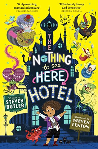 Book cover featuring a dark hotel, a boy, and various magical creatures on yellow.