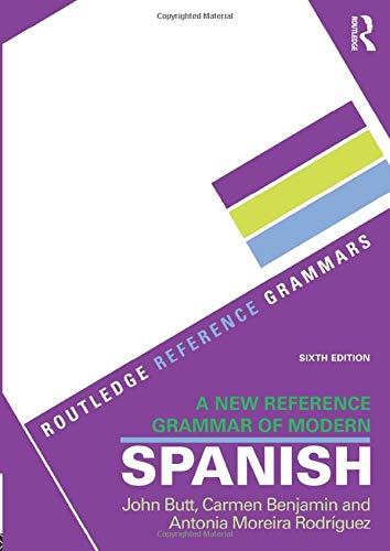 White book cover with purple and green stripes, title: "A New Reference Grammar of Modern Spanish".