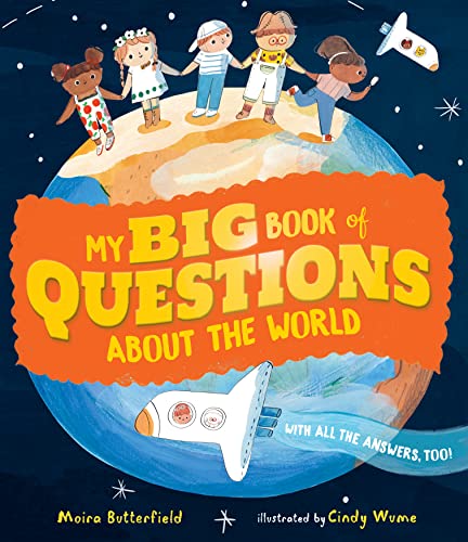 Children stand on a globe with a rocket, book cover illustration.