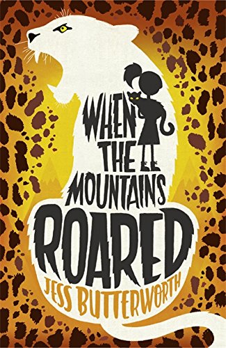 Book cover: white tiger, small figure, and bold title "When the Mountains Roared".