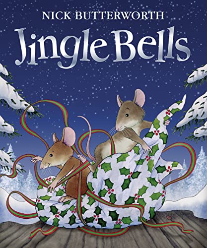 Two mice ride a holly-covered sleigh through a snowy winter landscape.