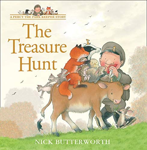 Percy the Park Keeper with animals on a cow, book cover.