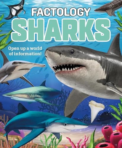 Book cover featuring a large shark, various other sharks, and coral on blue background.