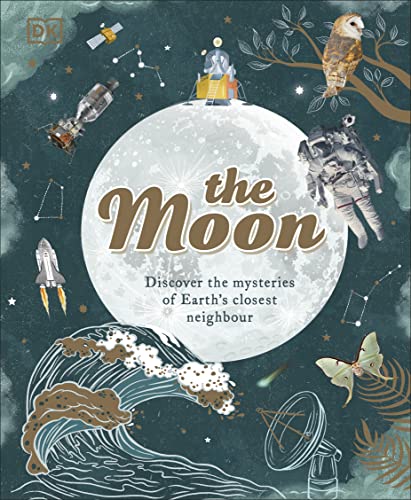 Book cover depicting a full moon with space exploration imagery and wildlife.