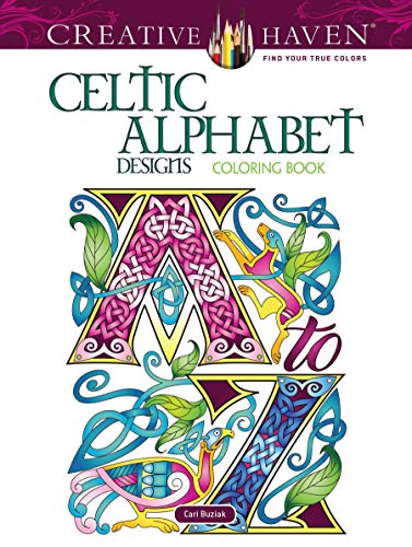 Cover of a Celtic Alphabet coloring book featuring ornate, interlaced letter designs and animals.